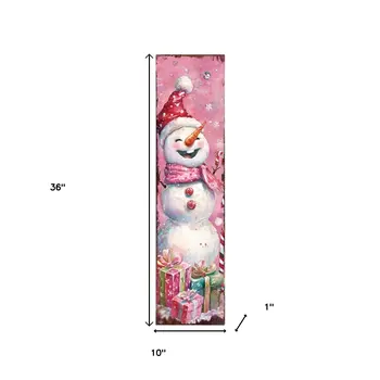 36" Pink Red And White Christmas Santa and Snowman Solid Wood Reversible Porch Sign
