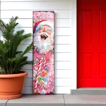 36" Pink Red And White Christmas Santa and Snowman Solid Wood Reversible Porch Sign