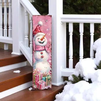 36" Pink Red And White Christmas Santa and Snowman Solid Wood Reversible Porch Sign