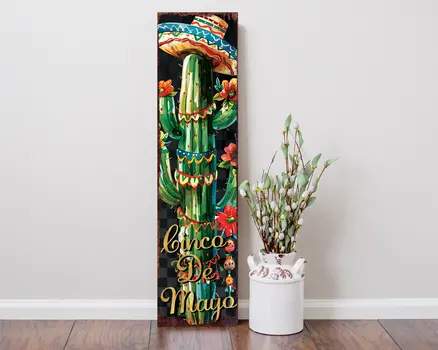 36" Black And Green Cinco De Mayo Cactus Solid Wood Porch Sign
