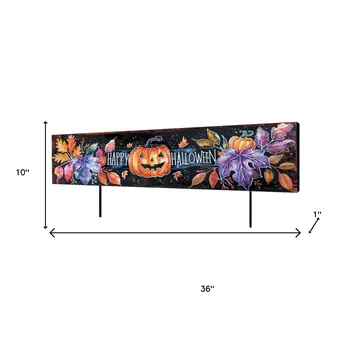 10" Black And Orange Happy Halloween Pumpkin Solid Wood Garden Stake