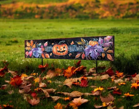 10" Black And Orange Happy Halloween Pumpkin Solid Wood Garden Stake