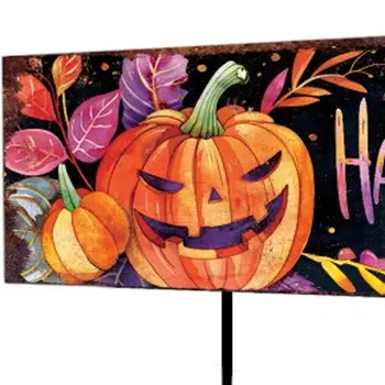 36" Black Orange And Purple Happy Halloween  Solid Wood Garden Stake