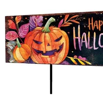 36" Black Orange And Purple Happy Halloween  Solid Wood Garden Stake