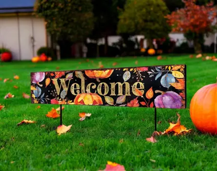 36" Black Orange And Purple Welcome Halloween Solid Wood Garden Stake