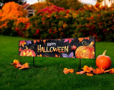 36" Black And Orange Happy Halloween Solid Wood Garden Stake