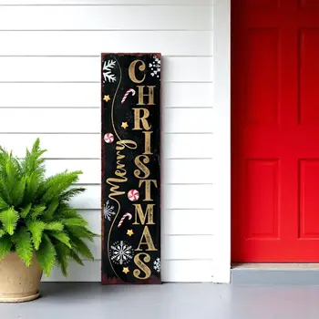36" Black And Gold Merry Christmas Snowflakes Solid Wood Porch Sign