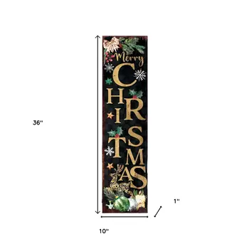 36" Black And Gold Merry Christmas Reindeer Solid Wood Porch Sign