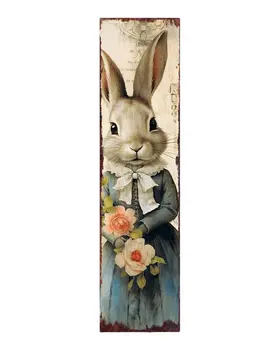36" Off White And Blue Happy Easter Easter Bunny Solid Wood Porch Sign