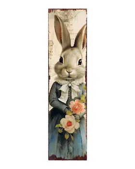 36" Off White And Blue Happy Easter Easter Bunny Solid Wood Porch Sign