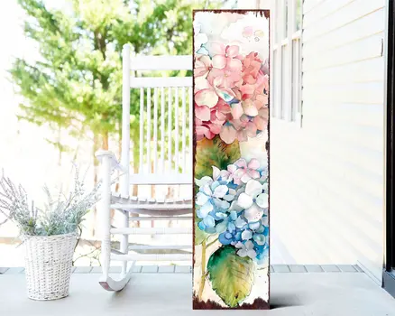 36"  White Blue And Pink Hydrangeas Solid Wood Porch Sign