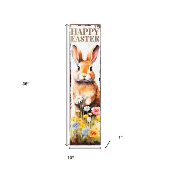 36" Brown White And Yellow Happy Easter Easter Bunny Solid Wood Porch Sign