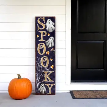 36" Black Gold And Orange Spooky Halloween Ghost Solid Wood Porch Sign