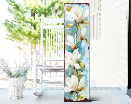 36" Blue Green And White Floral Bouquet Solid Wood Porch Sign