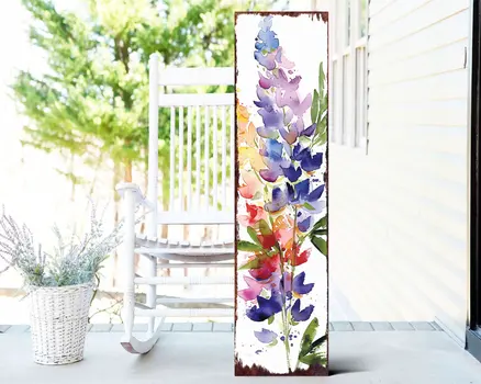 36" White Blue And Purple Watercolor Floral Solid Wood Porch Sign