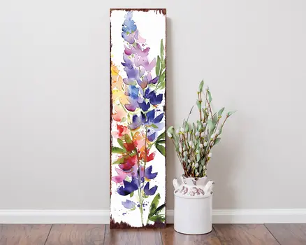 36" White Blue And Purple Watercolor Floral Solid Wood Porch Sign