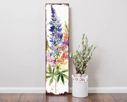 36" White Purple And Blue Watercolor Floral Solid Wood Porch Sign