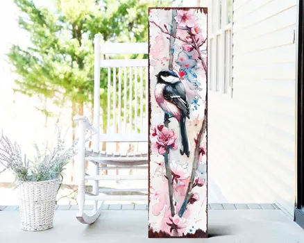 36" White and Pink Solid Wood Birds Porch Sign
