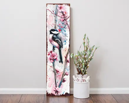 36" White and Pink Solid Wood Birds Porch Sign