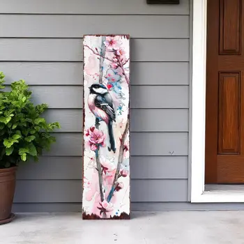 36" White and Pink Solid Wood Birds Porch Sign