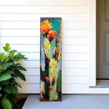 36" Blue Green And Orange Cactus Solid Wood Porch Sign