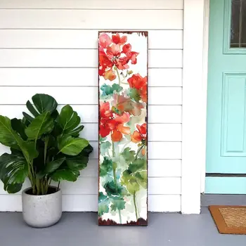 36" Green Red And White Geranium Solid Wood Porch Sign