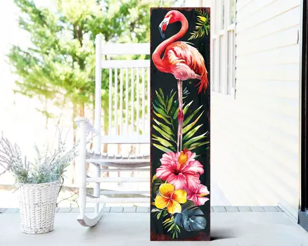 36" Black Pink And Coral Solid Wood Flamingo Porch Sign
