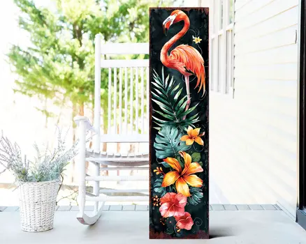 36" Black Coral And Green Solid Wood Flamingo Porch Sign