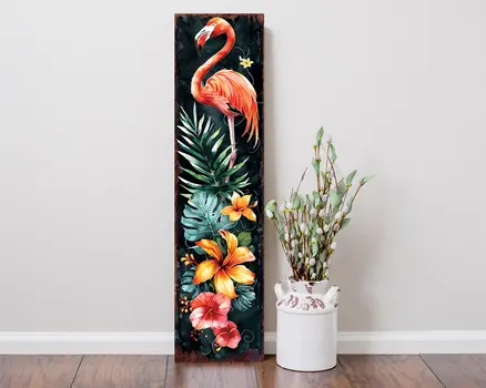 36" Black Coral And Green Solid Wood Flamingo Porch Sign