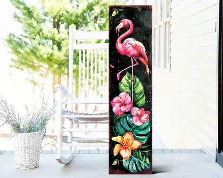 36" Black And Pink Solid Wood Tropical Floral Flamingo Porch Sign