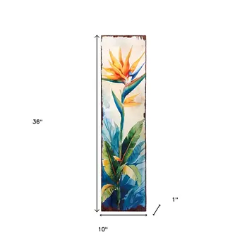 36" Off White Orange And Blue Tropical Floral Solid Wood Porch Sign
