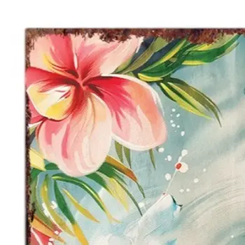 36" Blue Coral And Pink Solid Wood Tropical Floral Flamingo Porch Sign