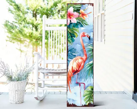 36" Blue And Coral Solid Wood Flamingo Tropical Floral Porch Sign