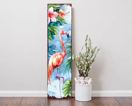 36" Blue And Coral Solid Wood Flamingo Tropical Floral Porch Sign