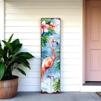36" Blue And Coral Solid Wood Flamingo Tropical Floral Porch Sign