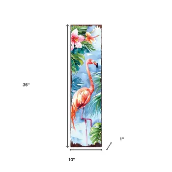 36" Blue And Coral Solid Wood Flamingo Tropical Floral Porch Sign