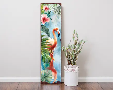 36" Blue Pink And Green Solid Wood Watercolor Flamingo Porch Sign