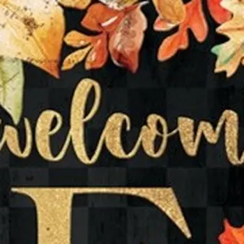 36" Black Orange And Gold Welcome Autumn Leaves Solid Wood Porch Sign