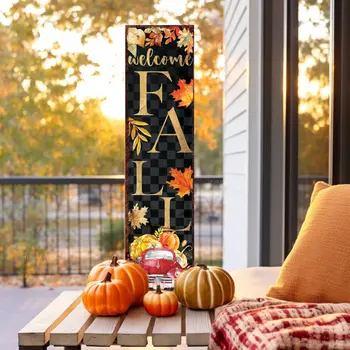 36" Black Orange And Gold Welcome Autumn Leaves Solid Wood Porch Sign