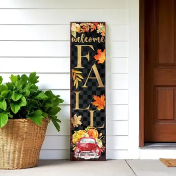 36" Black Orange And Gold Welcome Autumn Leaves Solid Wood Porch Sign