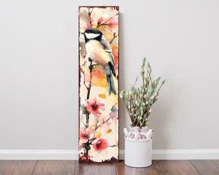 36" Ivory Peach And Pink Solid Wood Floral Bouquet Chickadee Birds Porch Sign