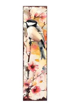 36" Ivory Peach And Pink Solid Wood Floral Bouquet Chickadee Birds Porch Sign