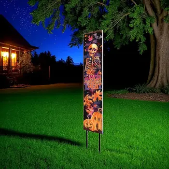 42" Black And Orange Halloween Skeleton Solid Wood Garden Stake