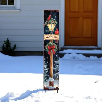 42" Black Brown Red And Green Welcome Christmas Solid Wood Birds Garden Stake