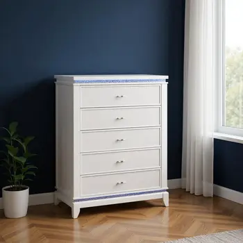 36" White Wood Lighted Five Drawer Dresser