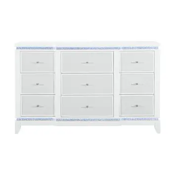 62" White Wood Lighted Nine Drawer Triple Dresser