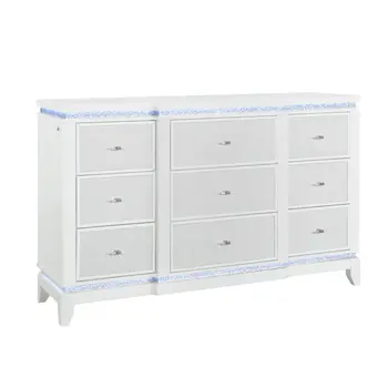 62" White Wood Lighted Nine Drawer Triple Dresser