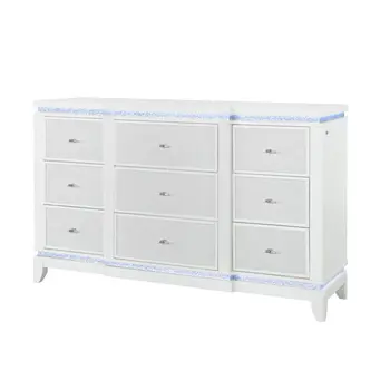 62" White Wood Lighted Nine Drawer Triple Dresser