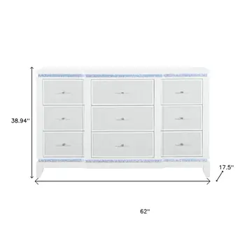 62" White Wood Lighted Nine Drawer Triple Dresser