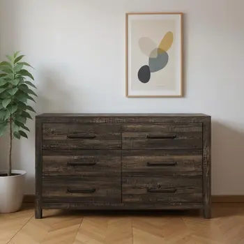 58" Oak Wood Six Drawer Dresser